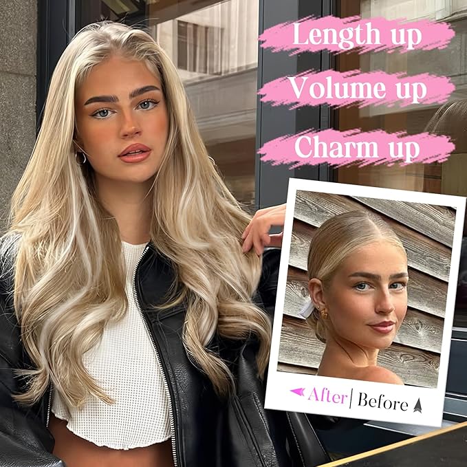 Invisible Wire Hair Extensions with Transparent Wire Adjustable Size 4 Secure Clips Long Wavy Secret Hairpiece 20 Inch for Women(Beige Blode)