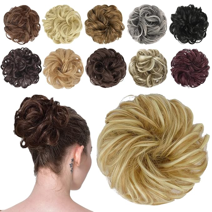 FESHFEN Messy Bun Hair Piece - Elastic Wavy Curly Hair Bun Scrunchies Extensions Synthetic Chignon Hairpieces for Women Girls, Light Ash Brown & Bleach Blonde 1.5 oz