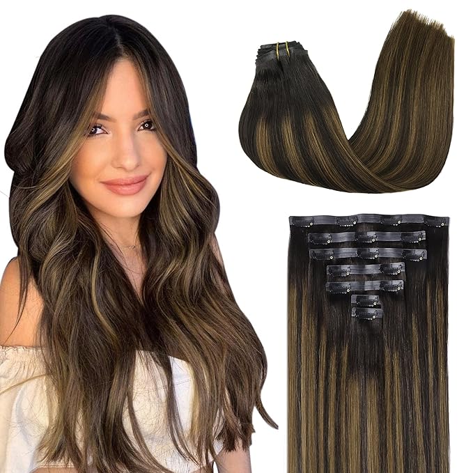 GOO GOO Clip in Hair Extensions Real Human Hair, Remy Human Hair Extensions Clip ins for Women, Natural Human Hair, 24inch 120g 7Pcs, 2/6/2 Balayage Dark Brown to Chestnut Brown