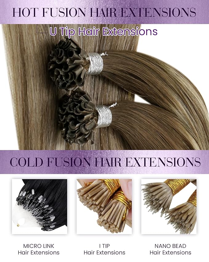 LaaVoo U Tip Hair Extensions Human Hair Dark Brown Ombre Light Brown Mix Blonde Balayage 22in 50g/50s