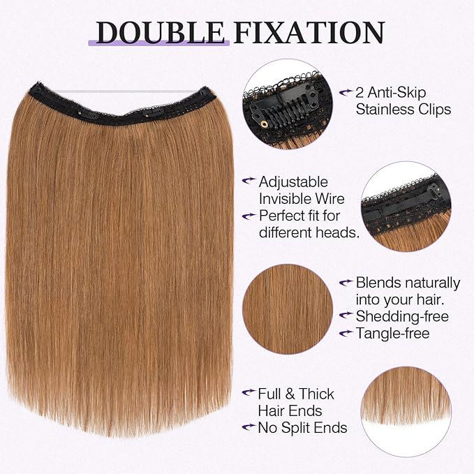 Halo Hair Extensions Real Human Hair,Halo Hair Extension 100% Human Hair,Wire Hair Extensions,Thicker 06 Light Brown 20inch/100g