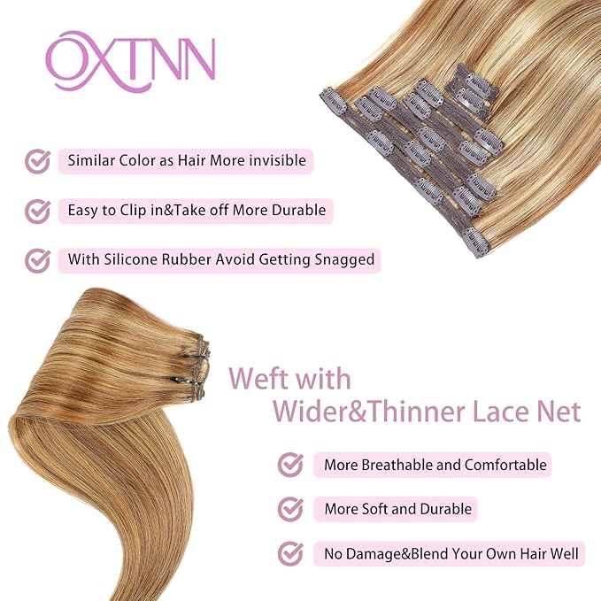 Clip in Hair Extensions Real Human Hair Chocolate Brown to Caramel Blonde 14 inch 7pcs 70g/Pack, Human Hair Clip in Extensions, Salon-Grade Quality, Easy Comfort Wear for Women (#P4/27, 14 inch)