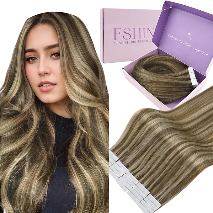 Fshine Human Hair Tape Extensions 50 g Medium Brown Highlights Honey Blonde Real Human Hair Extensions 22 Inch Straight 20 pcs Seamless,Suitable for Wedding, Bridal & Bridesmaids Looks