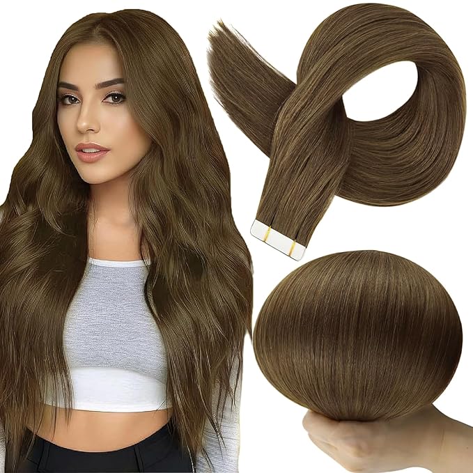 Full Shine Tape in Hair Extensions Seamless Tape ins Human Hair Extensions Color 3 Brown Hair Extension Real Human Hair 10 Inch Short 30Gram 20Pcs Soft Hair for Women Add Volume Natural