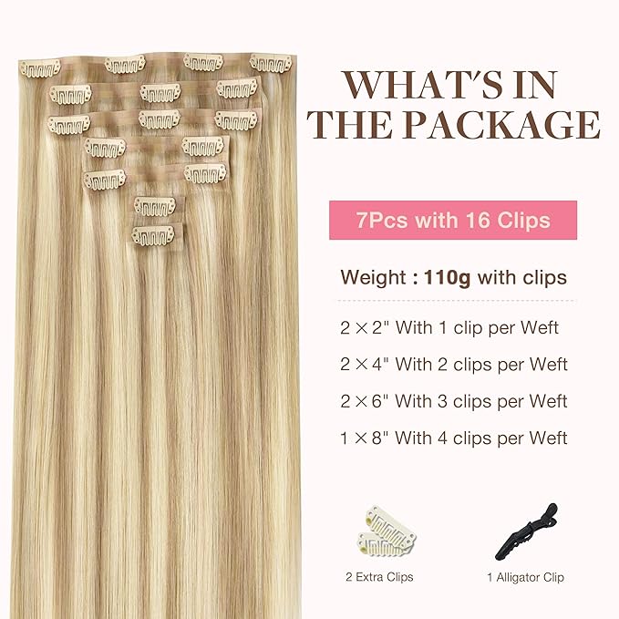 GOO GOO Clip in Hair Extensions Real Human Hair, Remy Human Hair Extensions Clip ins for Women, Natural Human Hair, 12inch 85g 7Pcs, #18A/613A Dark Blonde Highlighted Bleach Blonde