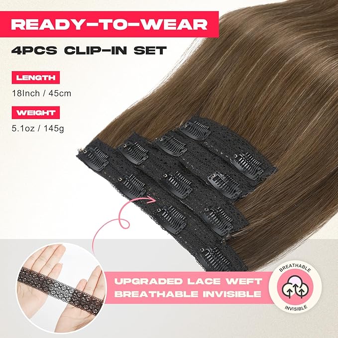 Hair Extensions, 4PCS 18" Clip in Hair Extensions Layered Cut Natural Lightweight Hairpieces with Thinner Softer Invisible Weft for Women - Chocolate Brown with Highlights