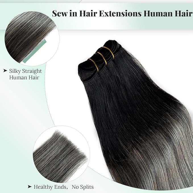Silver Black Hair Extensions Weft Sew in Human Hair Extensions 14 Inch 80G Full Head Highlight Silver Grey Bundles Straight Natural Black to Silver Ombre Weft Hair Extensions Human Hair