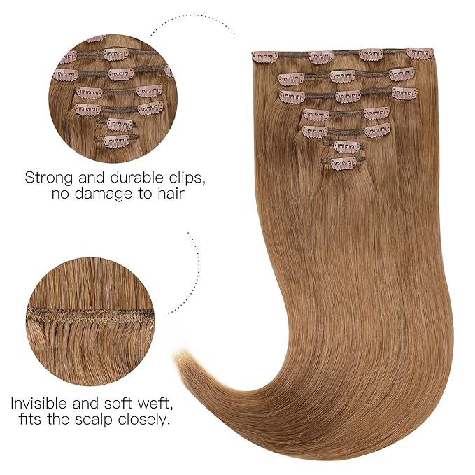 HOTBANANA Human Hair Clip in Hair Extensions, Bronde 120g Clip in Hair Extensions Real Human Hair Straight Remy Hair Clip in Hair Extensions 14 Inch 7pcs
