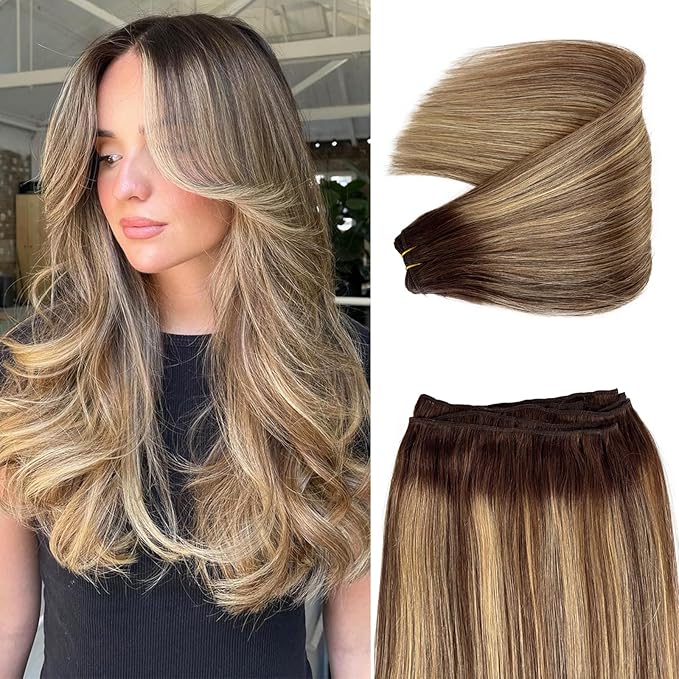 Sew in Hair Extensions Blonde Balayage 4/26/4 Weft Hair Extensions Medium Brown Mixed Blonde Human Hair Wefts 16 Inch 100G Long Straight Double Weft Highlight Real Human Hair Weave Bundles