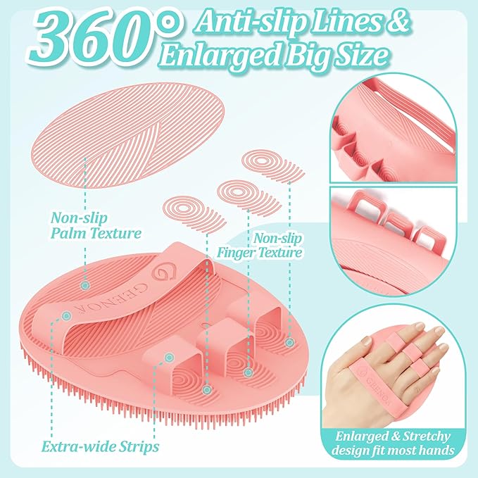 Soft Silicone Bath Glove & Face Scrubber Set 2PCS, 360° Anti-Slip & Hand-fit Body Scrubber for Rich Foaming Deep Cleaning, Unique Facial Scrubber with Side-bristles for Contoured Areas.(Pink)
