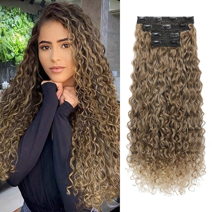 LONAI 4PC Clip in Hair Extensions, 100％ Pure Protein Silk Curly Hair Extension for Women, 26 Inch Long Soft Natural Hair Extensions-Dark Blonde to Light Brown