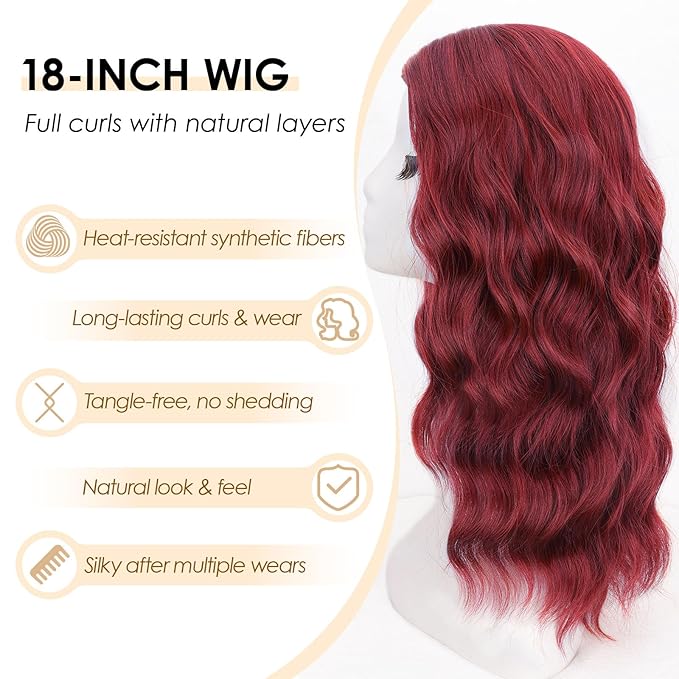 AISI HAIR Red Wig for Women Medium Length Wave Curly Glueless Synthetic Heat Resistant Hair Wigs for Daily Party Cosplay