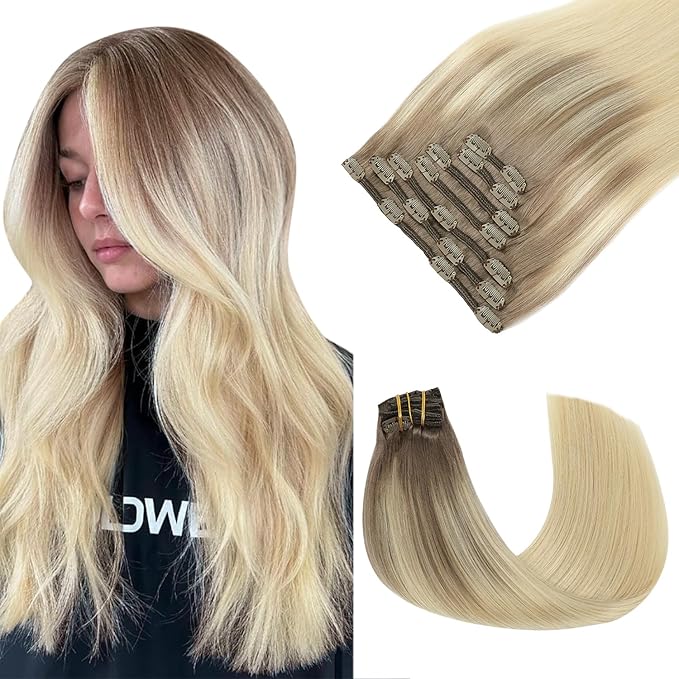 Hair Clip in Hair Extensions Real Human Hair Extensions Straight Human Hair Extensions Clip ins ombre Ash Brown to Platinum Blonde Extensions for Women 20inch 160g 7pcs (#8T60-20inch)