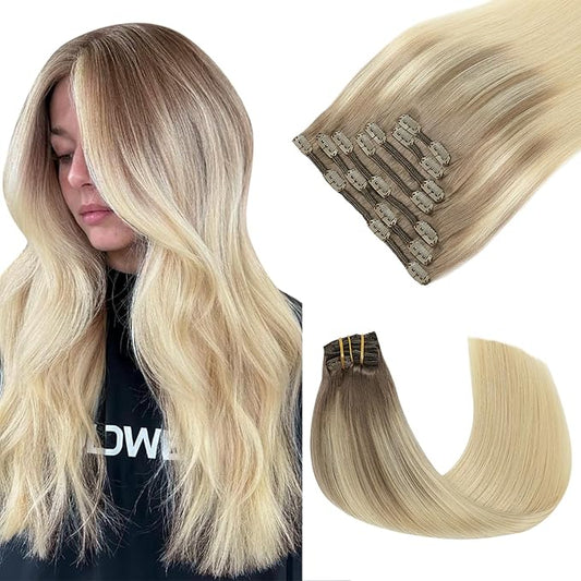 Hair Clip in Hair Extensions Real Human Hair Extensions Straight Human Hair Extensions Clip ins ombre Ash Brown to Platinum Blonde Extensions for Women 20inch 160g 7pcs (#8T60-20inch)