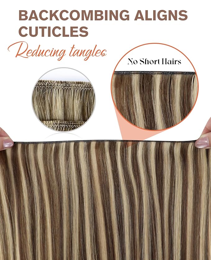 Sunny Hair Genius Weft Hair Extensions Human Hair Brown Highlights 24inch Hand Tied Sew in Hair Extensions Real Human Hair Dark Brown Mix Caramel Blonde Genius Weft Extensions for Women Real Hair
