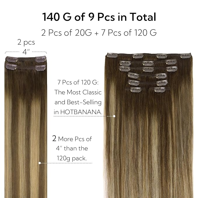 HOTBANANA Clip in Hair Extensions Real Human Hair, 150g 9pcs 20 inch Chocolate Brown with Honey Blonde Straight Remy Clip in Extensions Full Head for Women