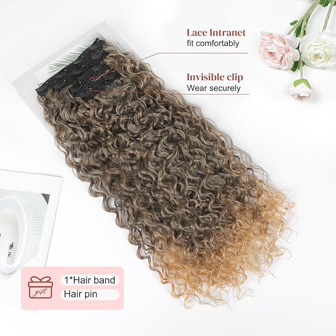 LONAI 4PC Clip in Hair Extensions, 100％ Pure Protein Silk Curly Hair Extension for Women, 26 Inch Long Soft Natural Hair Extensions-Dark Almond brown with copper Medium Brown to Blonde