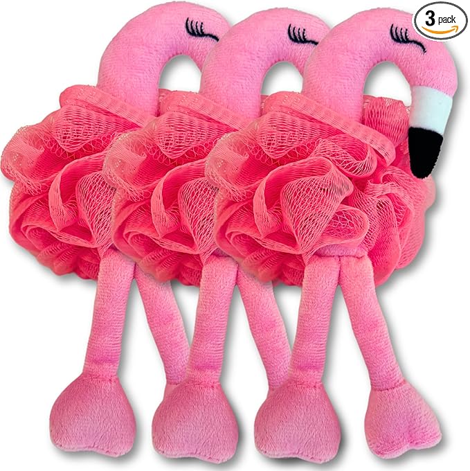 Cute Bath Sponge - Mesh Body Pouf, Gentle Shower Sponges, Tropical Pink, Pack of 3, 9 inches