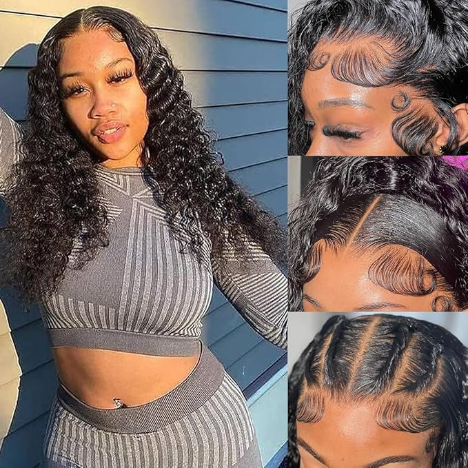 Deep Wave Lace Front Wigs Human Hair 200 Density 13x4 Lace Frontal Wigs Human Hair Pre Plucked Deep Curly Wigs Human Hair for Women Black (Nature Black（13x4 Deep Wave Wig), 20 inch