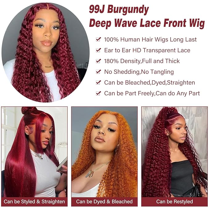 Burgundy Wig Human Hair 99j Burgundy 13x6 Deep Wave Lace Front Wigs Human Hair Pre Plucked 180% Density HD Transparent Lace Frontal Wigs for Black Women Red Colored Wig 22 Inch