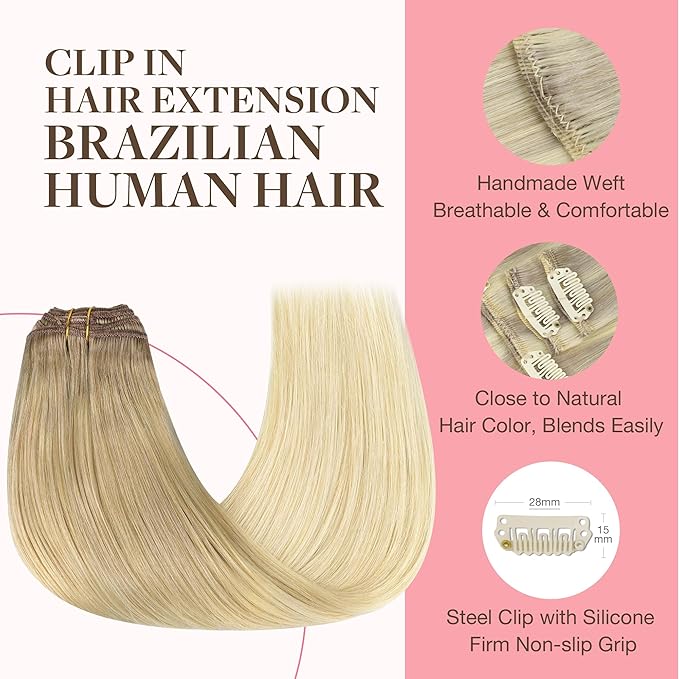 GOO GOO Clip in Hair Extensions Real Human Hair, Remy Human Hair Extensions Clip ins for Women, Natural Human Hair, 18inch 120g 7Pcs, #O7/60F