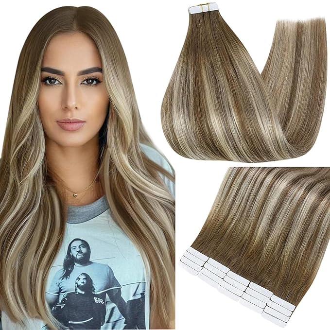Full Shine Tape in 22 Inch Hair Extensions Real Human Hair Color 6/60/6 Balayage Extensions Remy Brown with Platinum Blonde Extensions Human Hair Natural Tape in Hair Extensions 20PCS 50grams