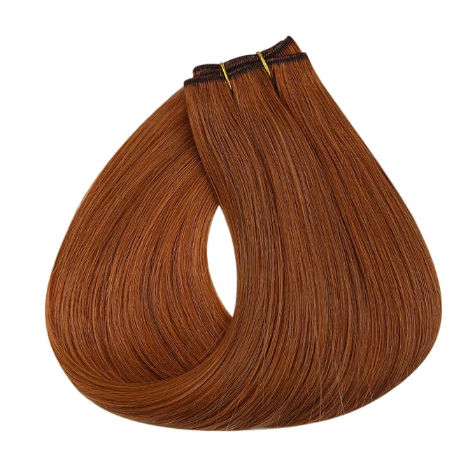 Full Shine Copper Hair Extensions Sew In Hair Extensions Real Human Hair 18Inch Weft Extensions Remy Straight Hair Weft For Women 105G