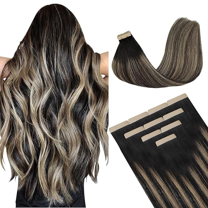 DOORES Human Hair Extensions Tape in, Balayage Natural Black to Light Blonde 22 Inch 30g 10pcs, Tape in Hair Extensions Remy Hair Extensions Straight Hair