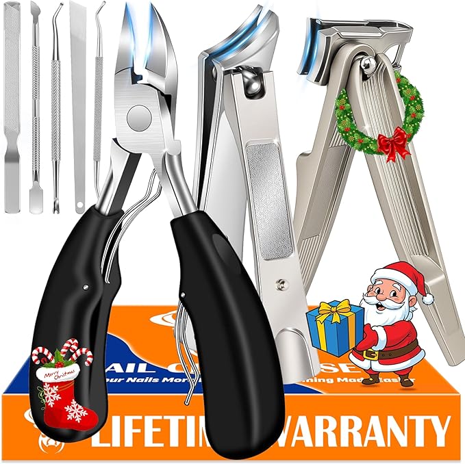 8-in-1 Heavy Duty Toenail Clippers for Thick Nails - Wide Jaw Ingrown Kit for Seniors. Surgical Steel Pedicure Set. Arthritis Friendly Household Essential. Best Gift for Men & Parents