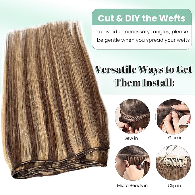 Licoville Weft Hair Extensions Real Human Hair Blonde Highlights Human Hair Wefts Sew in Hand Tied Remy Hair Bundles Brown and Blonde Sew in Extensions 16 Inch 100G
