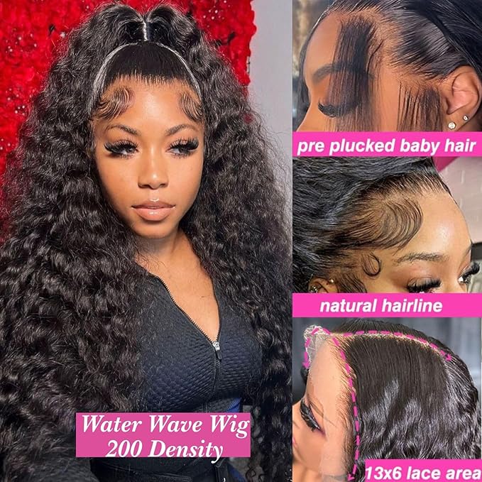 28 Inch 13x6 Lace Front Wigs Human Hair Water Wave 200 Density 13x6 HD Full Lace Frontal Wigs Pre Plucked Wet and Wavy Glueless Deep Curly Human Hair Wigs for Women Natural Black