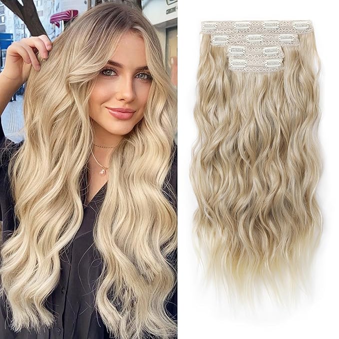 REECHO Clip in Hair Extensions, 4PCS Blonde Hair Extensions 24" Thick Long Beach Waves hair extensions HE003 Invisible Lace Weft Natural Soft Hairpieces for Women – Dark Blonde with Light Ends