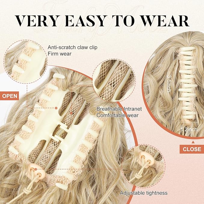 Flufymooz Ponytail Extension, 12" Short Claw Ponytail Extension Wavy Curly Jaw Clip in Pony tails Hair Extension Natural Synthetic Hairpiece for Women (Cool Blonde)