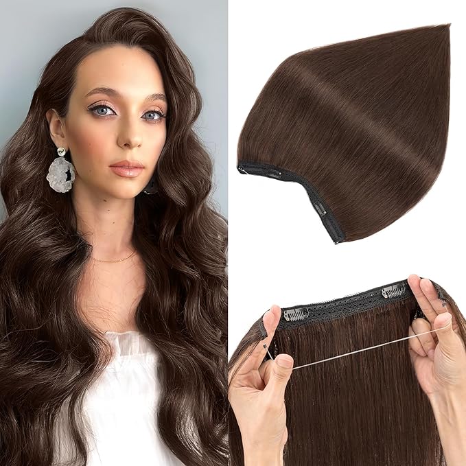 Halo Hair Extensions Real Human Hair,Halo Hair Extension 100% Human Hair,Wire Hair Extensions,Thicker 02 Dark Brown 20inch/100g