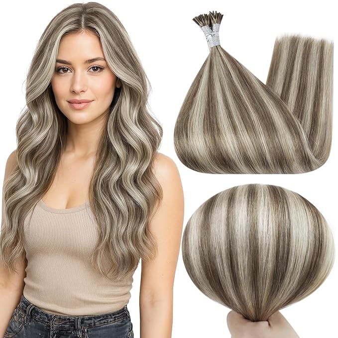 Full Shine Itip Human Hair Extensions 18 Inch 40 Grams Ash Brown Highlights Platinum Blonde I Tip Hair Extensions Human Hair Natural Straight Hair Pre Bonded Extensions