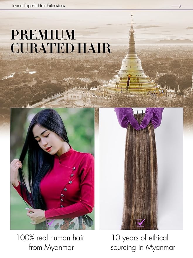 LUVME Invisible Tape in Hair Extensions Human Hair 16 Inch 50g 25pcs Chocolate Caramel Highlight Straight Double Sided Seamless Tape Extensions