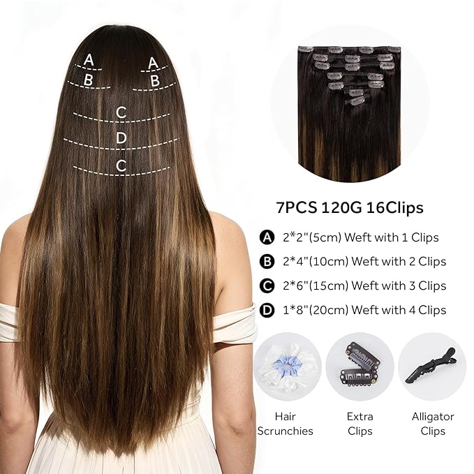 Clip in Hair Extensions Real Human Hair, Silky Remy Hair Extensions Clip Ins, Salon Quality Straight Human Hair for Women, Dark Brown to Chestnut Brown #2TP6/2 22Inch 120G 7PCS
