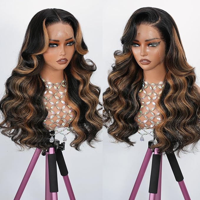 Body Wave Lace Front Wig 13x4 Full Frontal Lace Human Hair 200% Density 1B/30 Highlight Ombre Skinlike HD Lace 0.10mm Ultra-thin Invisible Bleached Tiny Knots Pre Plucked Hairline Balayage Brown