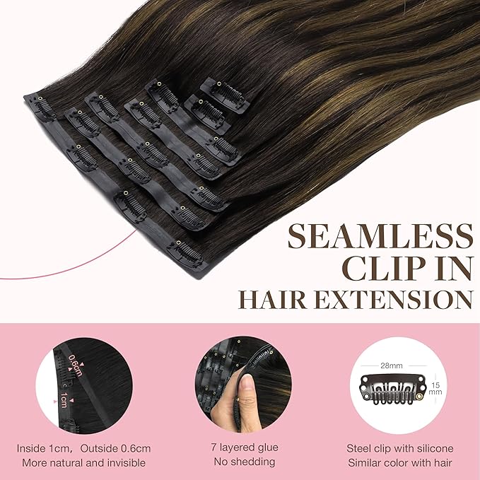 GOO GOO Clip in Hair Extensions Real Human Hair, Remy Human Hair Extensions Clip ins for Women, Natural Human Hair, 24inch 120g 7Pcs, 2/6/2 Balayage Dark Brown to Chestnut Brown