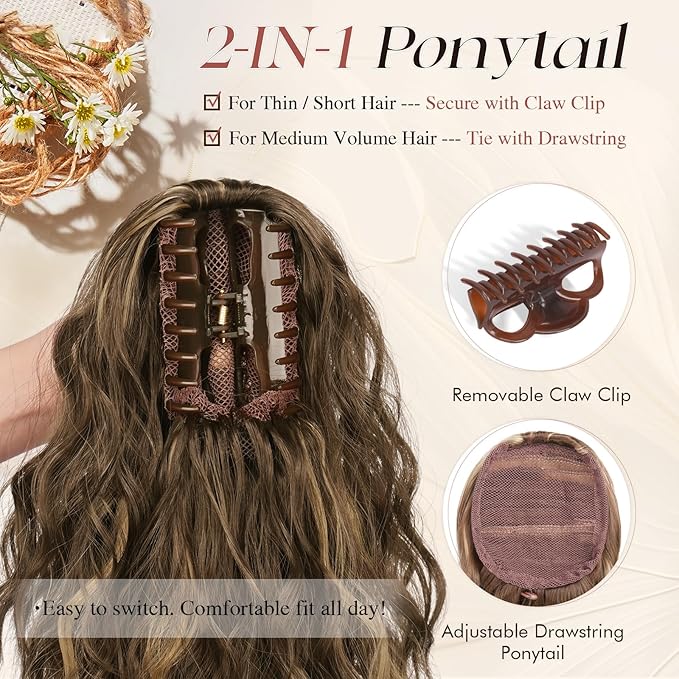 SOFEIYAN Ponytail Extension, 16 inch Claw Clip Ponytail Extension Wavy Curly Ponytails Synthetic Pony Tails Hair Extensions Natural Fake Hairpiece for Women - Brown & Light Auburn Mixed