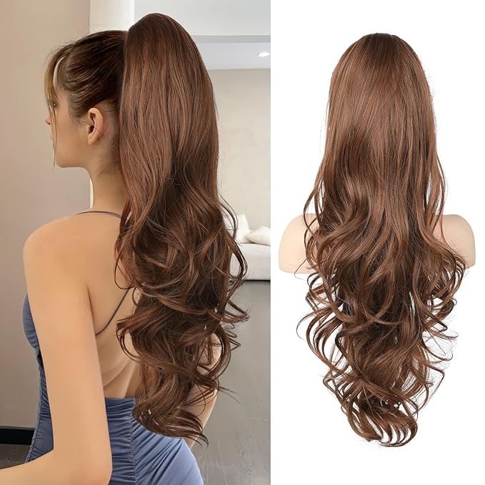 FLUFYMOOZ 26" Ponytail Extension, Long Wavy Curly Claw Clip in Ponytail Hair Extensions, Natural Synthetic Hairpiece for Women Daily Wear(Medium Chocolate Brown)