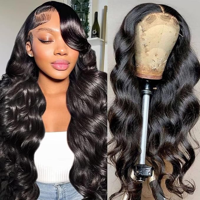 5x5 HD Lace Closure Wigs Human Hair Body Wave Lace Front Wigs for Black Women 180% Density Brazilian Virgin Glueless Wigs Pre Plucked Human Hair Wigs Soft and Smooth Natural Color 18 Inch