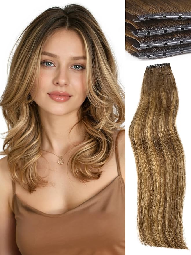 WIGNEE 12 Inch Double Invisible OVO Highlight Honey Blonde Human Hair Extensions 2 PCS,No Glue Hair Weft with Holes,Trimmable & Reusable 13 Inches Width Wefts for Short/Thin Hair,Salon Quality (T4/27)