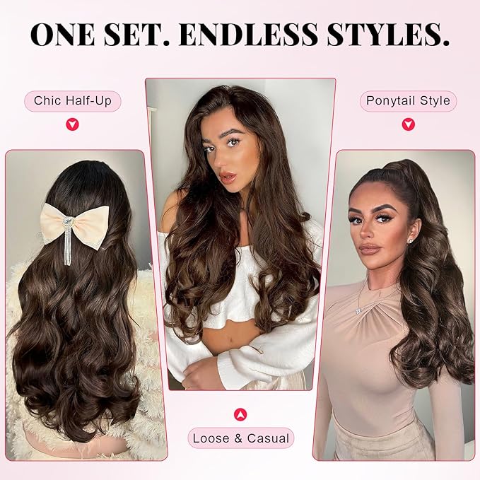 ALXNAN Long Wavy Hair Extensions for Women, Clip in Hair Extensions Clip Ins Soft Full Head Synthetic Hairpieces 20 Inch Chocolate Brown with Dark Brown