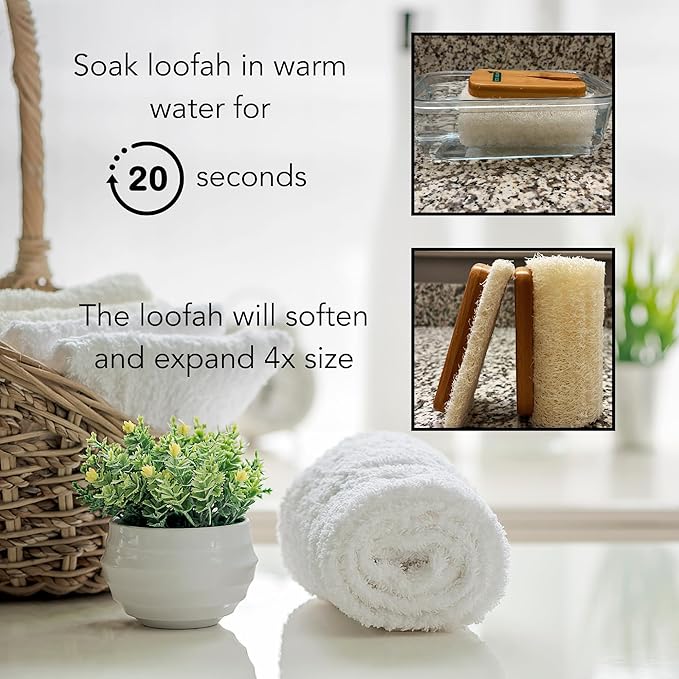 Natural Loofah Shower Scrubber w/Removable Bamboo Handle, Gentle Exfoliation, Long-Ergonomic Handle w/Hemp Rope Grip, Extra Loofah Included for Close Washing, Plastic-Free, Eco-Friendly