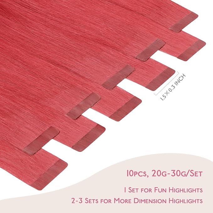 WENNALIFE Tape in Hair Extensions Human Hair Coral Red Tape in Extensions, 10pcs 25g 18 inch Remy Invisible Tape Ins Straight Colored Soft Real Human Hair Tape in Extensions Refill Set Extensions