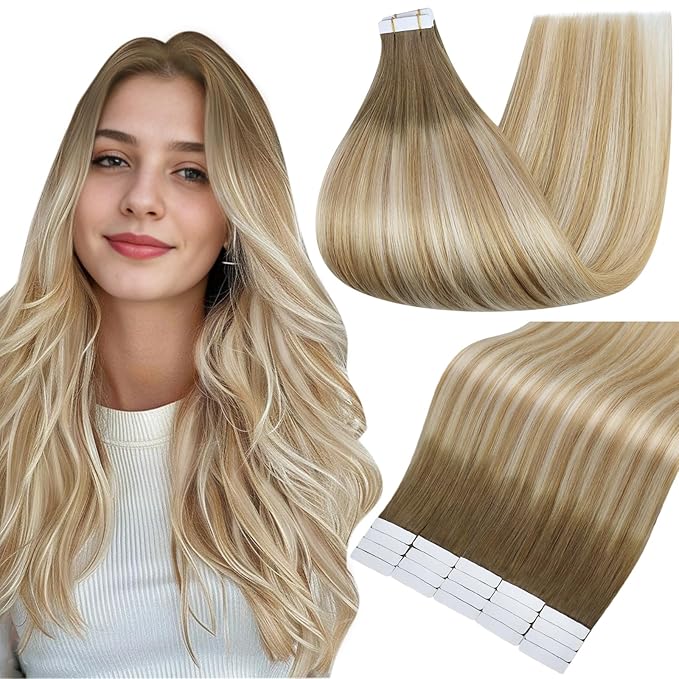 Full Shine Tape in Hair Extensions Seamless Skin Weft Color 6/27/60 White Blonde Hair Extensions Tape in Hair 50 Gram 18 Inch Brazilian Extensions for Women Double Sided Tape in Hair 20PCS