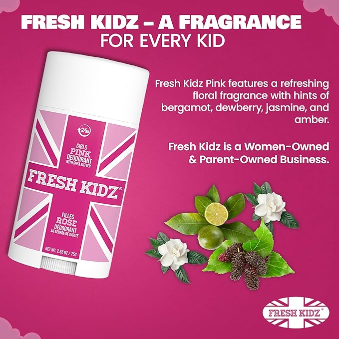 Fresh Kidz Deodorant Stick for Kids and Teens - Baking Soda and Aluminum-free 24 Hour Protection for Sensitive Skin - Girls "Pink", 2.65 oz / 75 g
