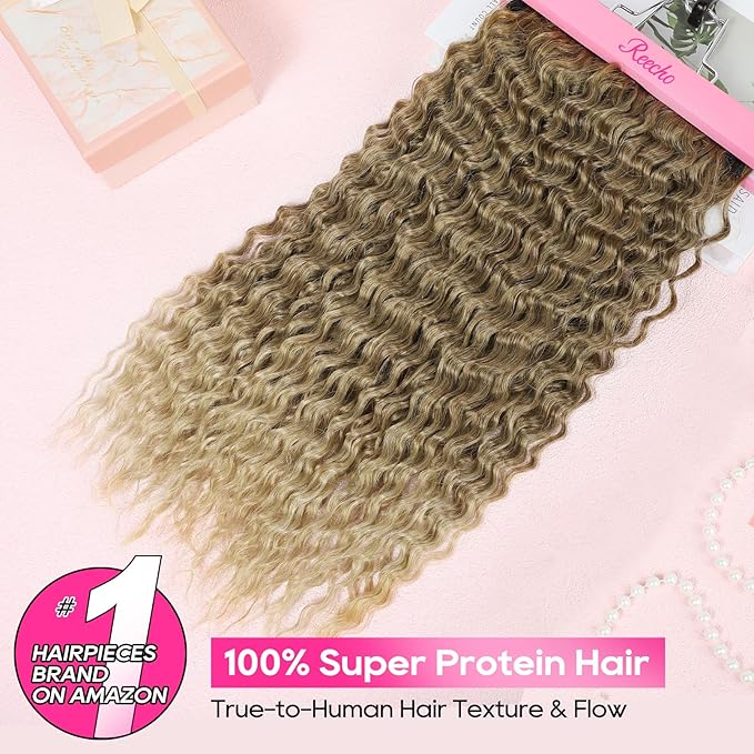 REECHO Hair Extensions - 4PCS 20" Water Wave Clip in Hair Extensions 100% Super Protein Silky Soft Natural Look with Invisible Lace Weft Hairpieces for Women - Light Golden Brown with Lighter Ends
