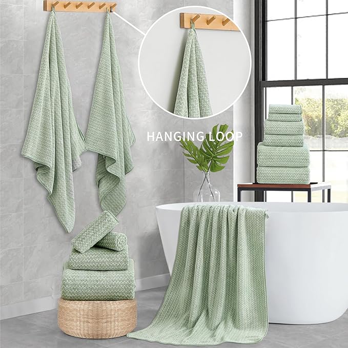 Ultra Soft Bath Towel Set,12 Piece (4 Bath Towels,4 Hand Towels,4 Washcloths) Family Bathroom Towels Set with Hanging Loop,Quick Dry Extra Absorbent Shower Towel for Bathroom,Hotel,Spa-Light Green